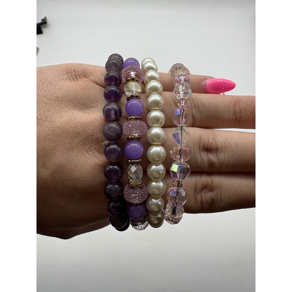 Purple‎ Beaded Bracelet Set 4pc Faux Pearl Amethyst Style Butterfly Charm Stack